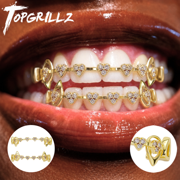 Body Jewelry Men - TOPGRILLZ ホローハートファンググリルズセット マイクロパヴェCZ トップボトムバー 軽量 Y2K