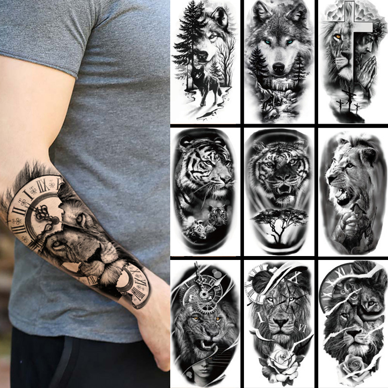 Body Jewelry Stickers - 男性と女性のための一時的な入れ墨のステッカー,大きな虎,ライオン,オオカミ,腕,クール,黒,動物,偽のデザイン