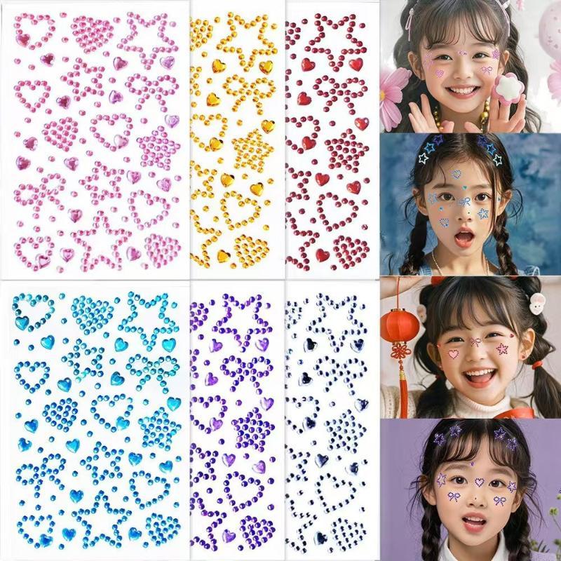 Body Jewelry Stickers - 1 シートカラフルな自己粘着フェイスラインストーンステッカーハートスターデザイン付き子供パーティーフェスティバルメイクアップコスプレ用