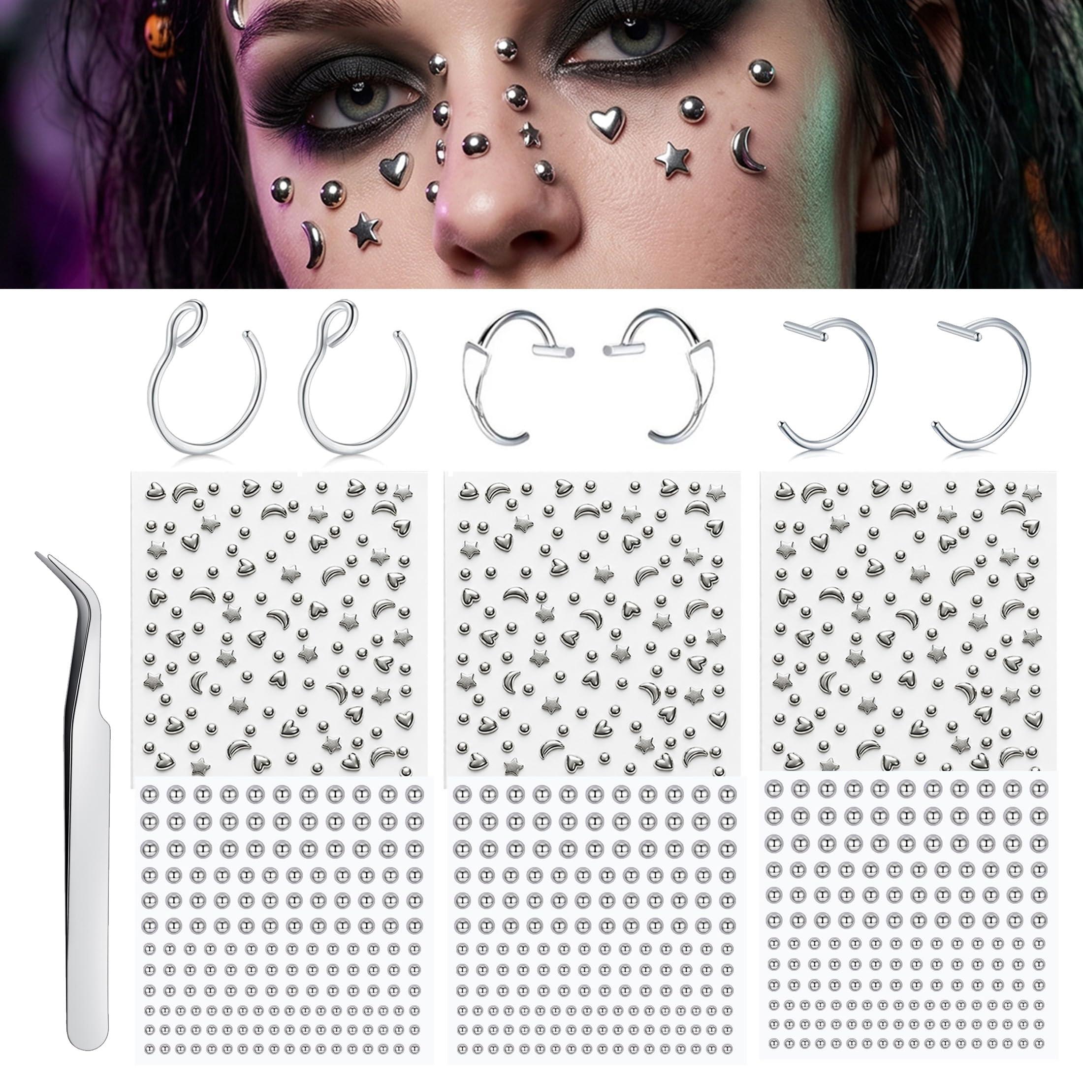 Body Jewelry Labret - フェイクピアスボール、鼻ピアス、フェイク眉毛、リップフープ、ラブレットスタッド、粘着式スターフェイスジェム、ラインストーンメイクアップステッカー