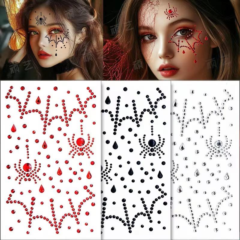 Body Jewelry Stickers - ハロウィン黒蜘蛛のコスチュームシール1/3枚黒赤透明宝石シール多機能デザインDIYレトロ調シール