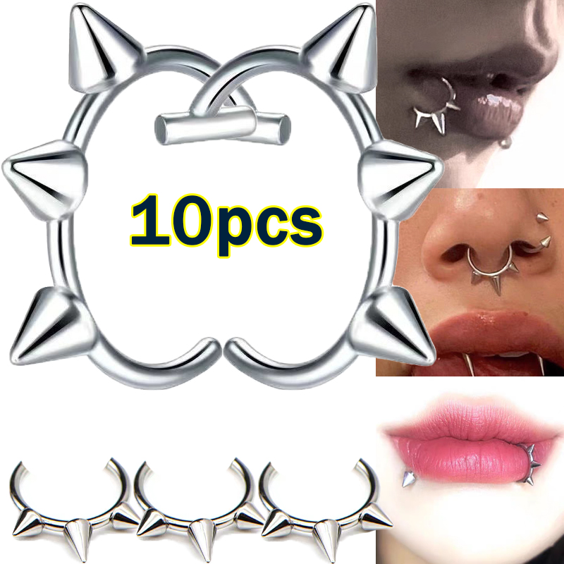 Body Jewelry Labret - 10 個パンクノーズリング 1 つの爪デュアル使用リップリングステンレス鋼 C 型フェイクリベットクリップ非ボディピアスフープジュエリー