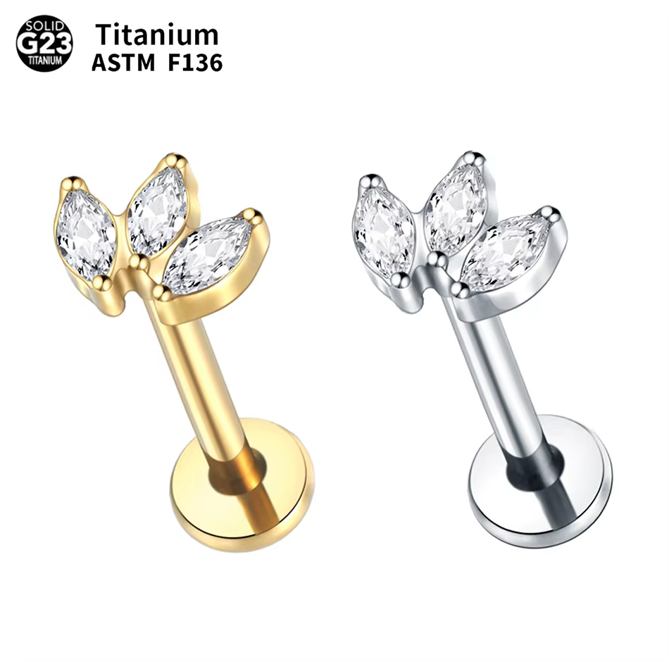 Body Jewelry Labret - 1pc ラブレットピアスチタンリップスタッド 3 マーキス CZ ファントップ雌ねじ軟骨スタッドイヤリングセクシーなボディジュエリー