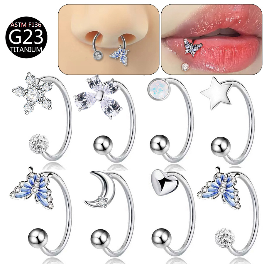 Body Jewelry Labret - ASTM F136チタン製、蝶の形をしたリップリング、CZ（キュービックジルコニア）の花と月のモチーフ、馬蹄形のピアス、繊細な星のデザインのヘリックスノーズリング。女性向け、パーティーや普段使いに。