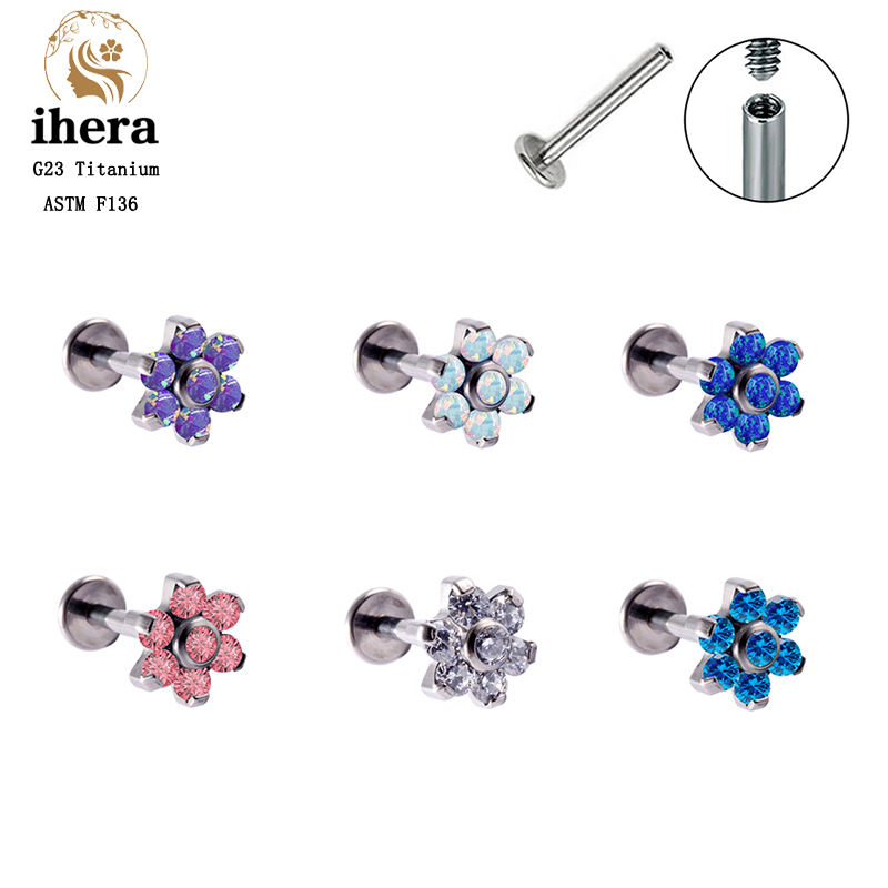 Body Jewelry Labret - G23チタンオパールフラワーピアススタッドイヤリング ラブレット ASTM F136 16G リップスタッド